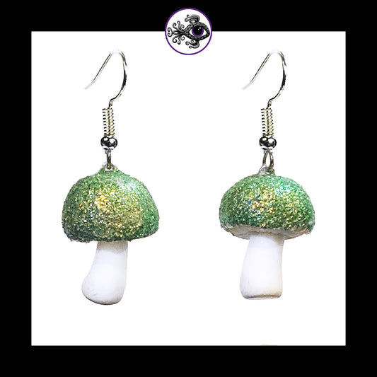 Mushrooms - Green Shimmer - Handmade Clay Dangle Earrings