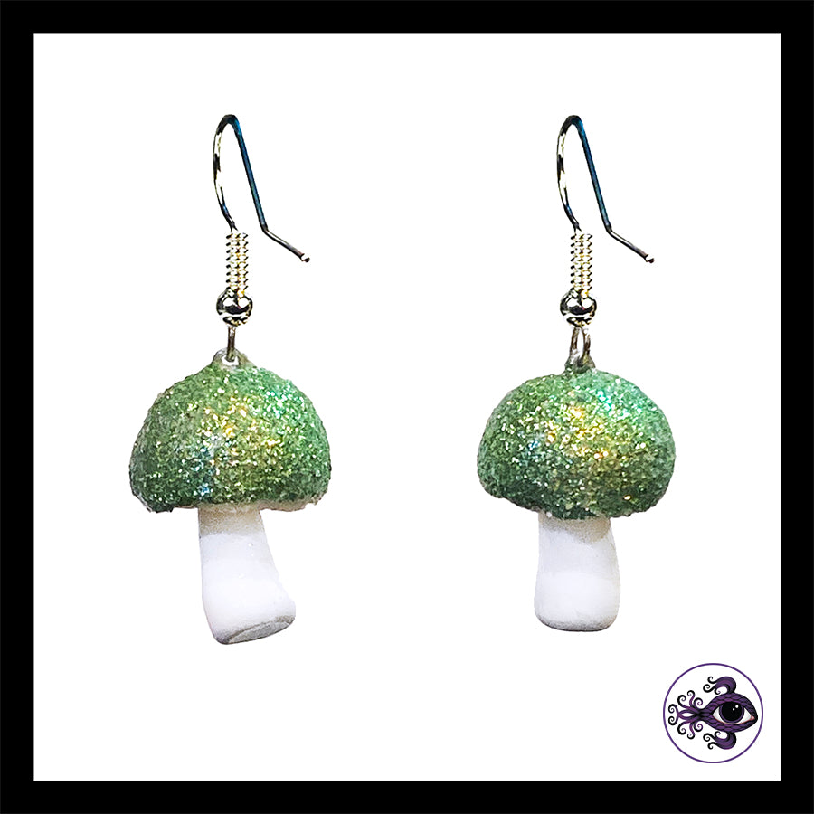 Mushrooms - Green Shimmer - Handmade Clay Dangle Earrings