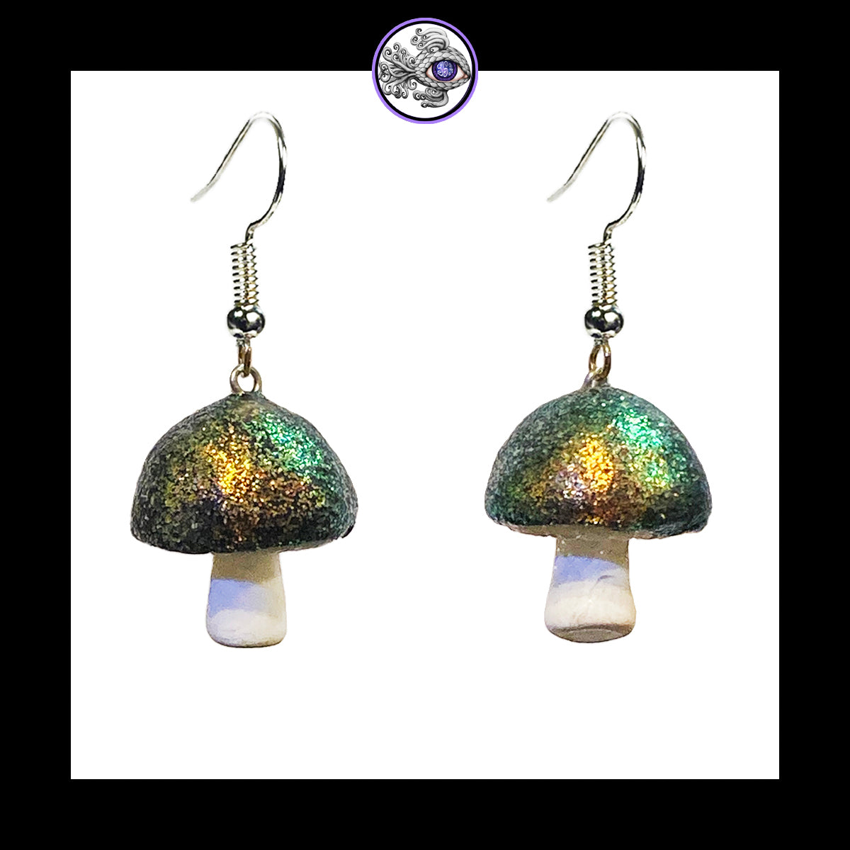 Mushrooms - Iridescent Black & White Shimmer - Handmade Clay Dangle Earrings