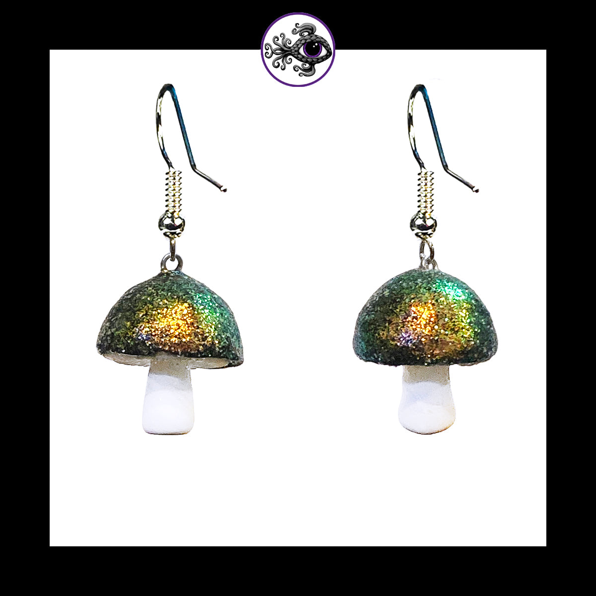Mushrooms - Iridescent Black & White Shimmer - Handmade Clay Dangle Earrings  *Custom Order Only*