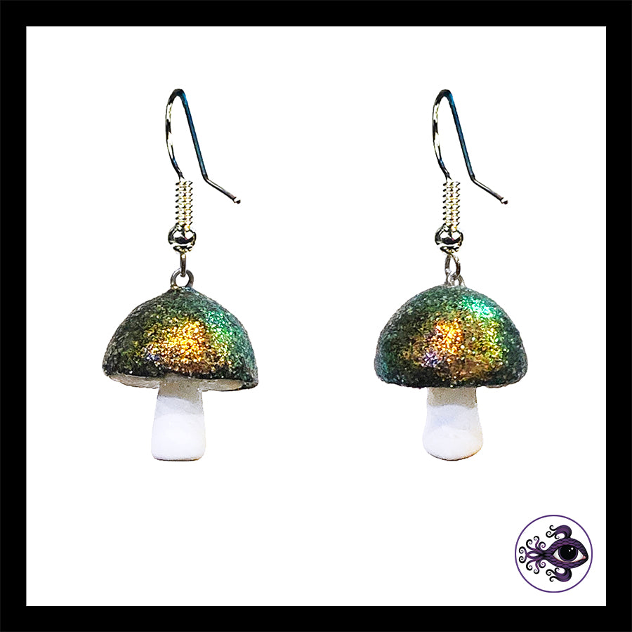 Mushrooms - Iridescent Black & White Shimmer - Handmade Clay Dangle Earrings  *Custom Order Only*