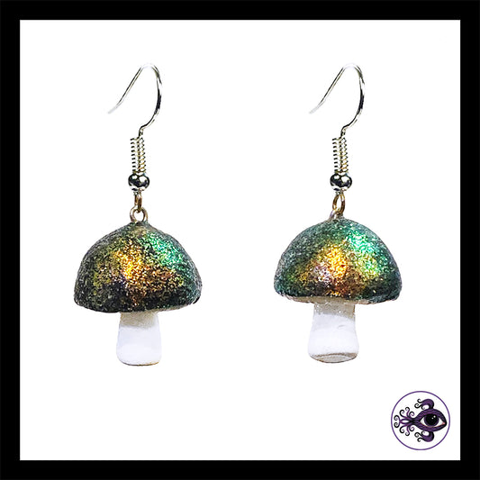 Mushrooms - Iridescent Black & White Shimmer - Handmade Clay Dangle Earrings  *Custom Order Only*