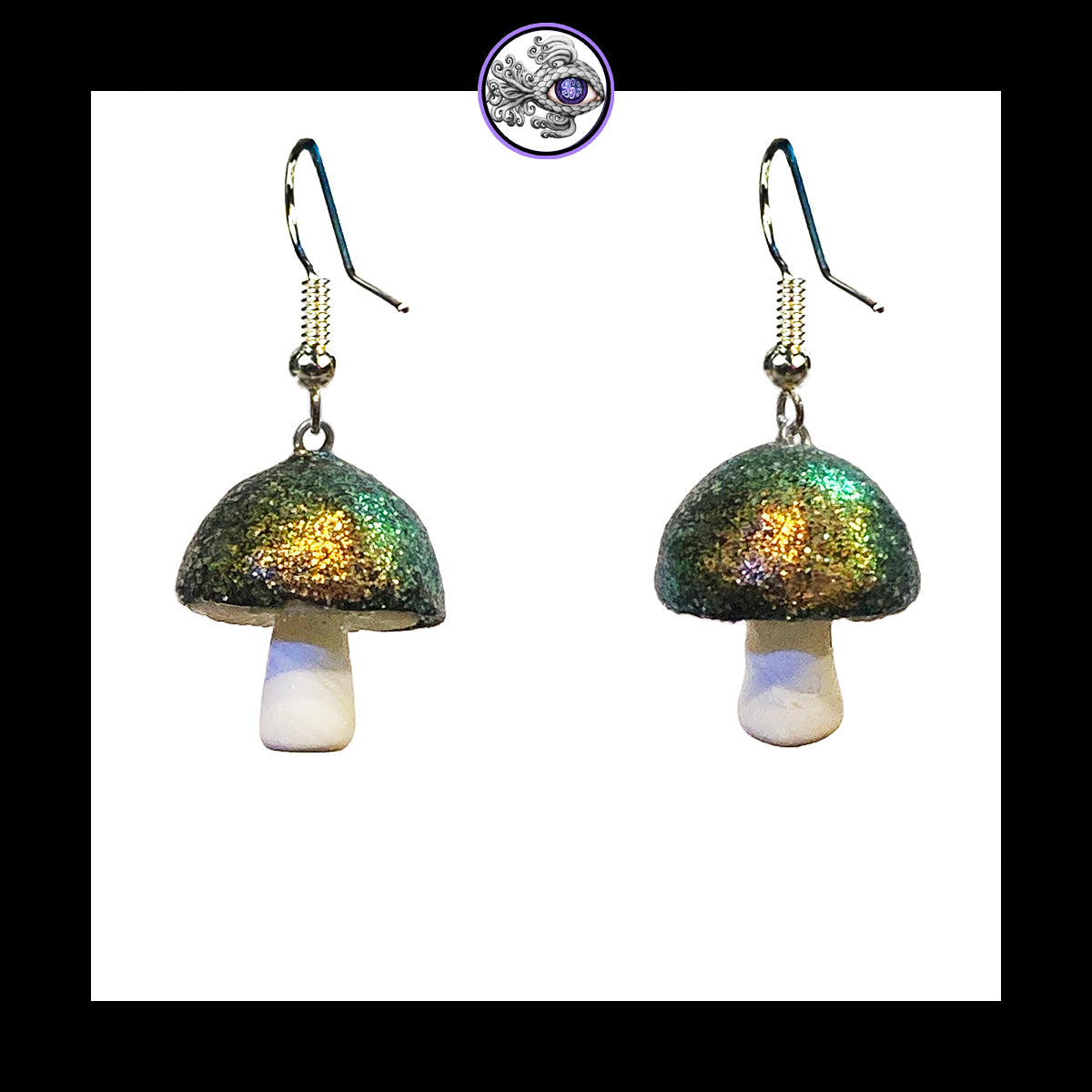 Mushrooms - Iridescent Black & White Shimmer - Handmade Clay Dangle Earrings