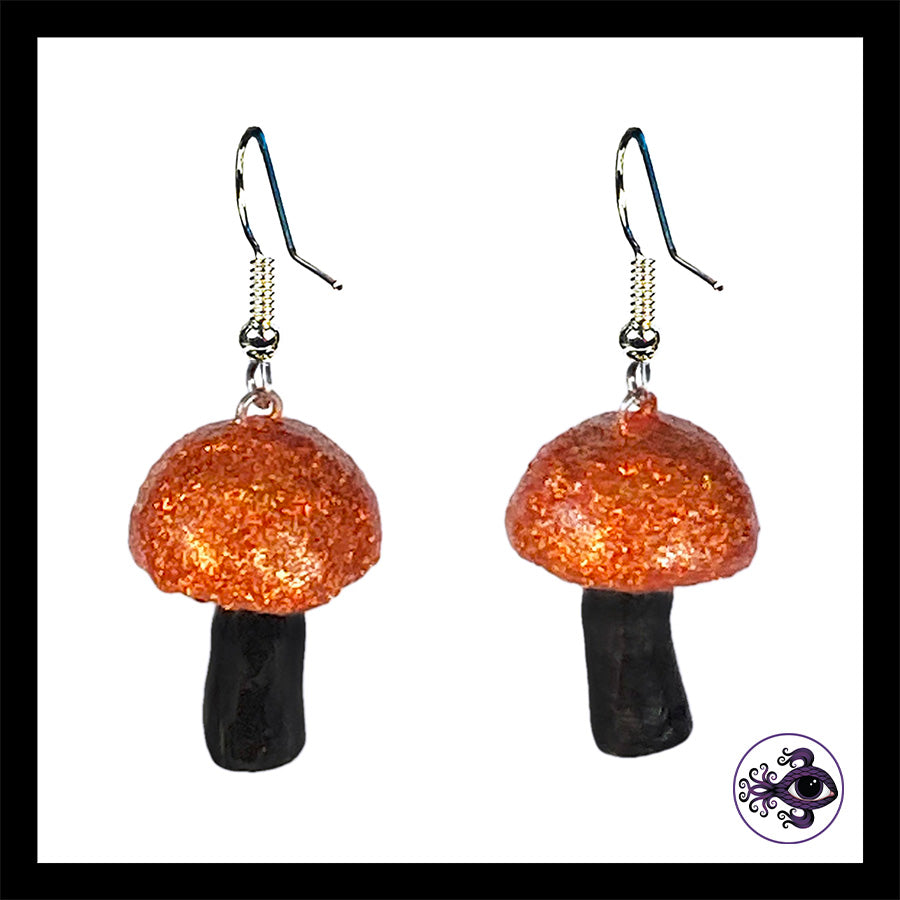 Mushrooms - Orange & Black Shimmer - Handmade Clay Dangle Earrings