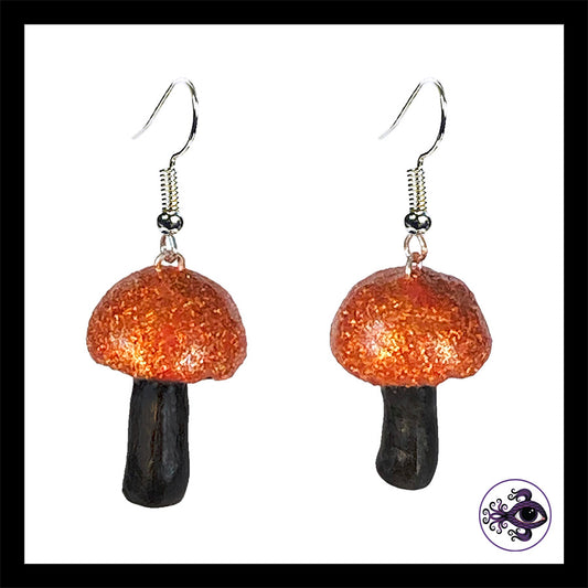 Mushrooms - Orange & Black Shimmer - Handmade Clay Dangle Earrings