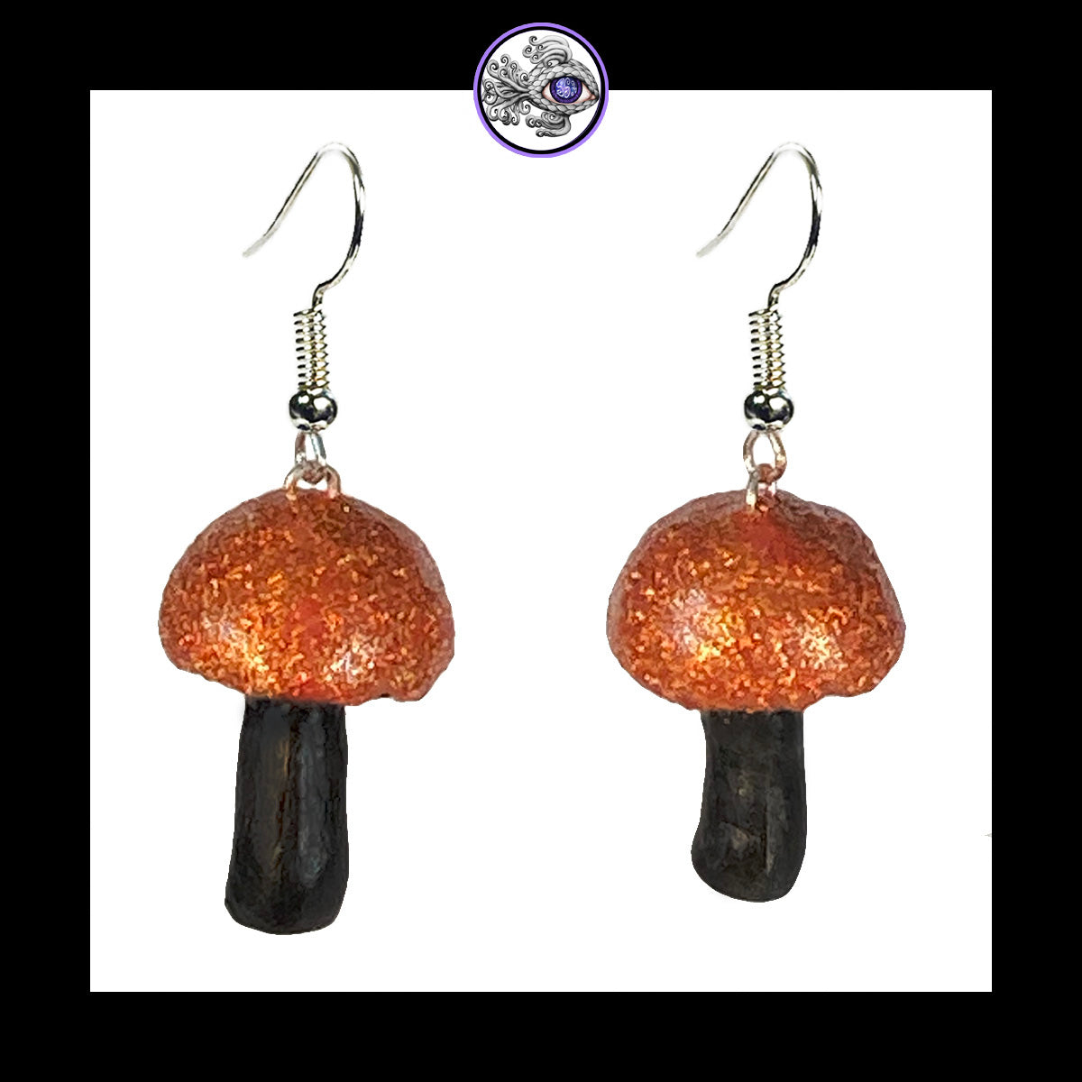 Mushrooms - Orange & Black Shimmer - Handmade Clay Dangle Earrings