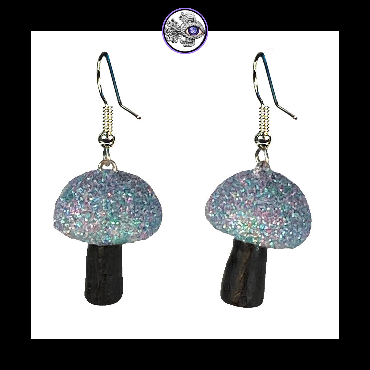 Mushrooms - Silver & Black Shimmer - Handmade Clay Dangle Earrings