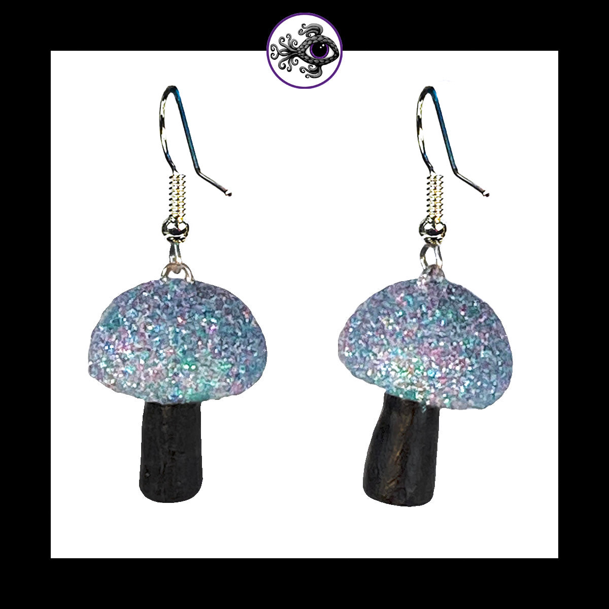 Mushrooms - Silver & Black Shimmer - Handmade Clay Dangle Earrings