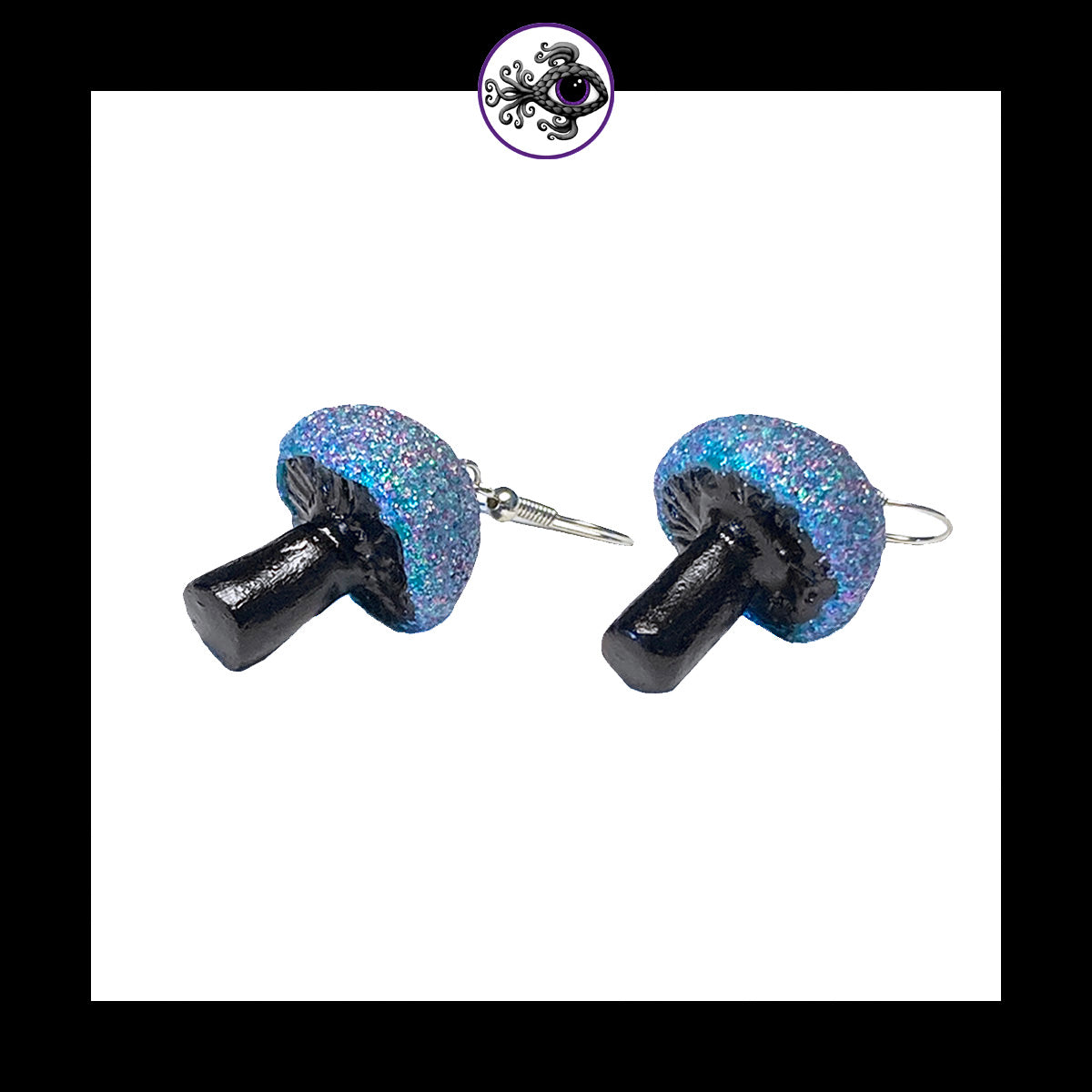 Mushrooms - Silver & Black Shimmer - Handmade Clay Dangle Earrings