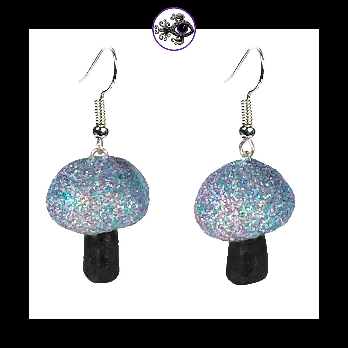 Mushrooms - Silver & Black Shimmer - Handmade Clay Dangle Earrings