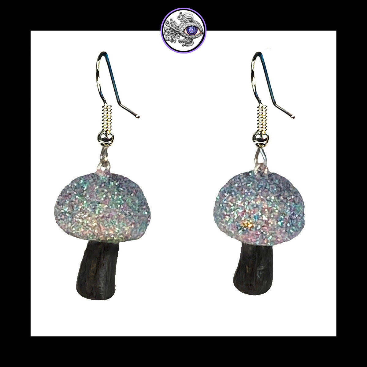 Mushrooms - Silver & Black Shimmer - Handmade Clay Dangle Earrings