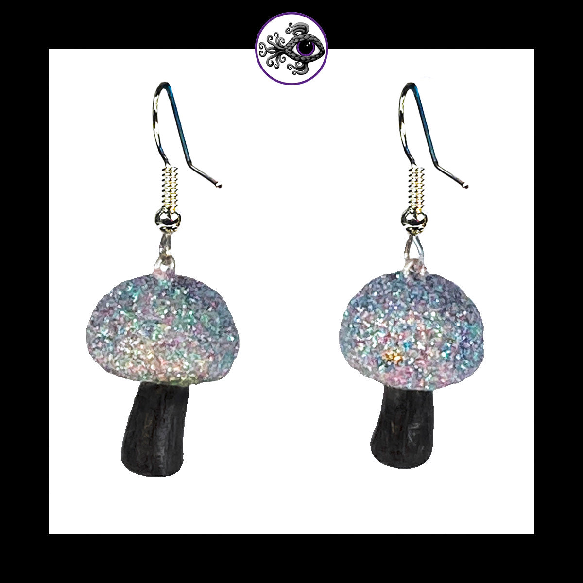 Mushrooms - Silver & Black Shimmer - Handmade Clay Dangle Earrings