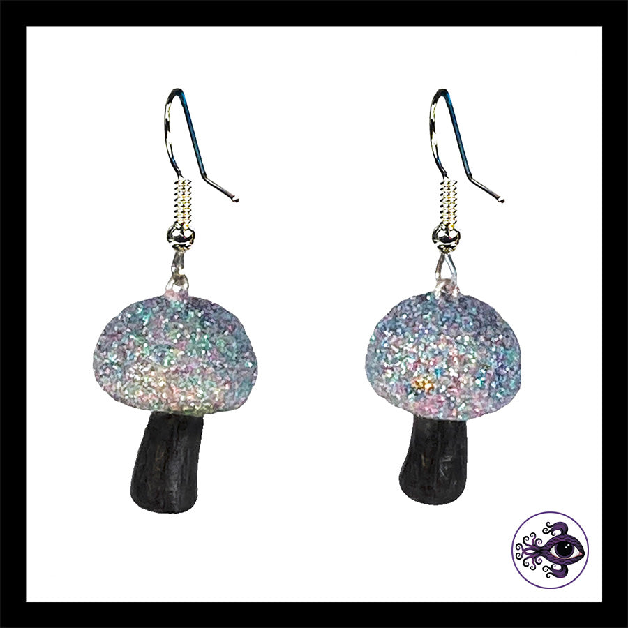 Mushrooms - Silver & Black Shimmer - Handmade Clay Dangle Earrings