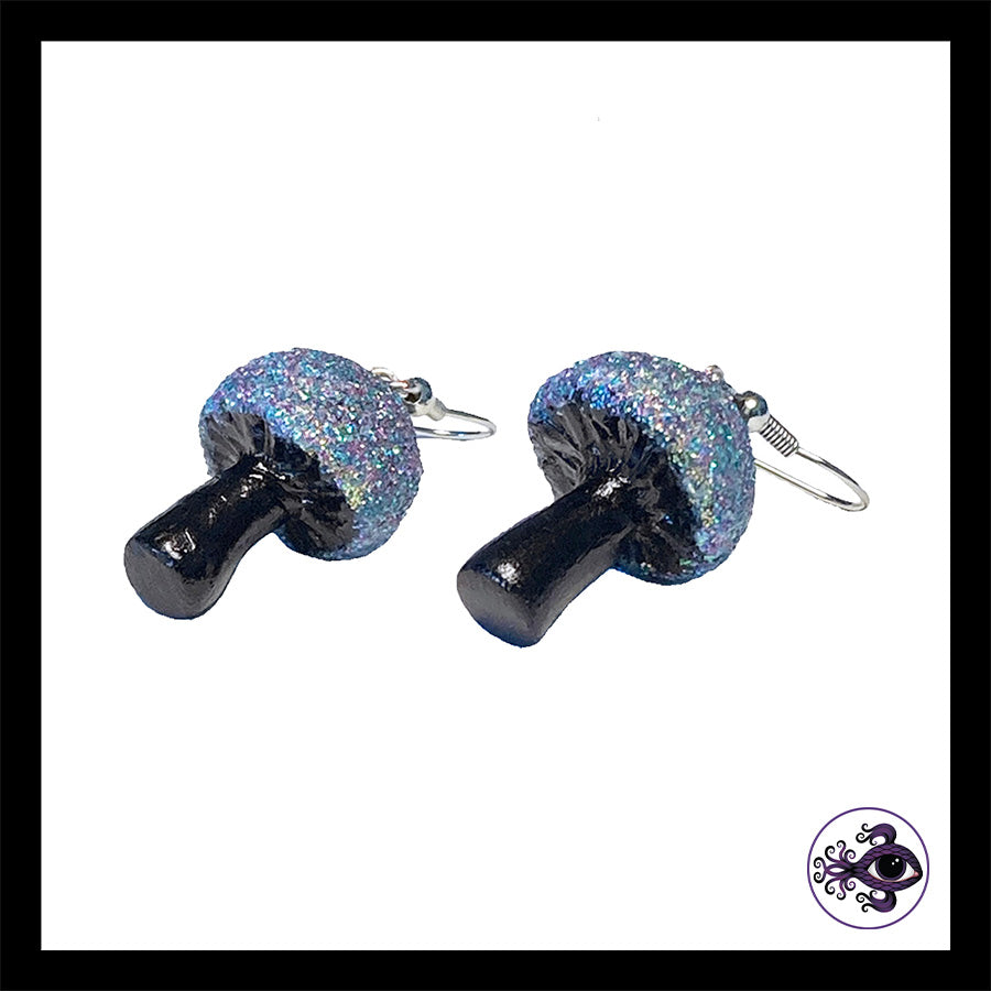 Mushrooms - Silver & Black Shimmer - Handmade Clay Dangle Earrings
