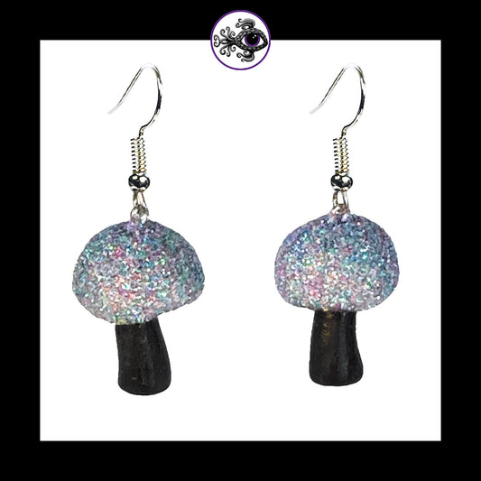 Mushrooms - Silver & Black Shimmer - Handmade Clay Dangle Earrings