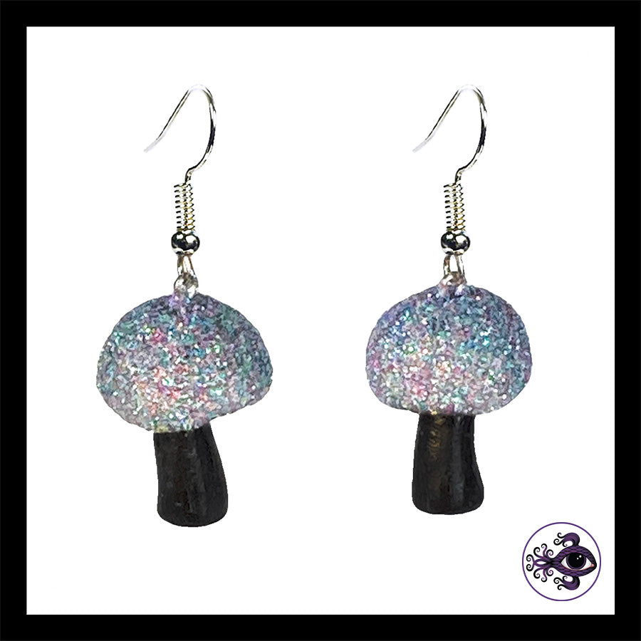 Mushrooms - Silver & Black Shimmer - Handmade Clay Dangle Earrings