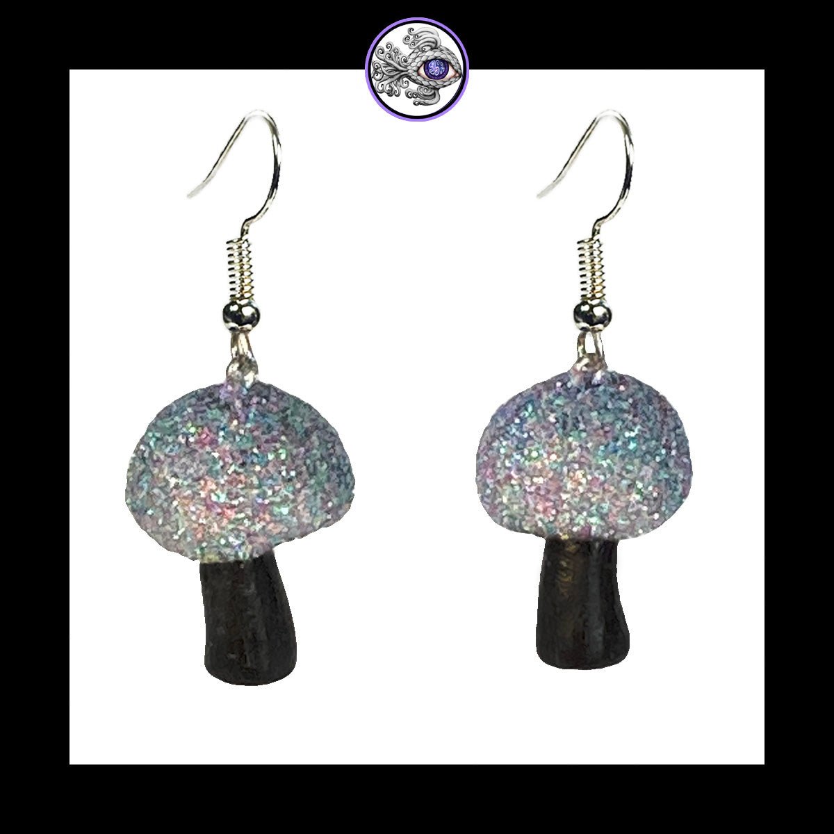 Mushrooms - Silver & Black Shimmer - Handmade Clay Dangle Earrings