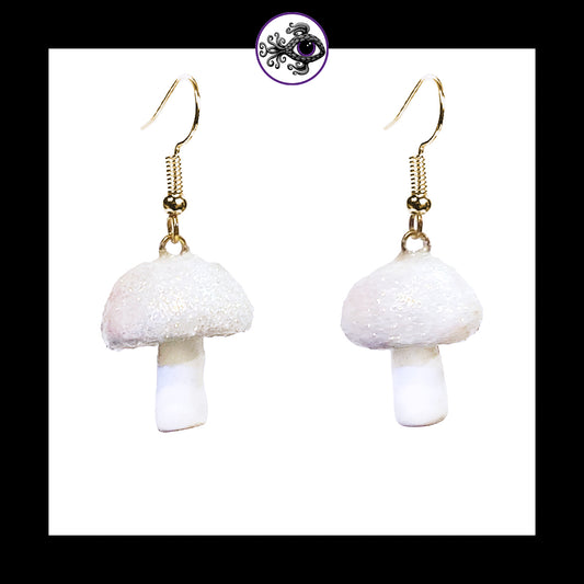 Mushrooms - Iridescent White Shimmer - Handmade Clay Dangle Earrings