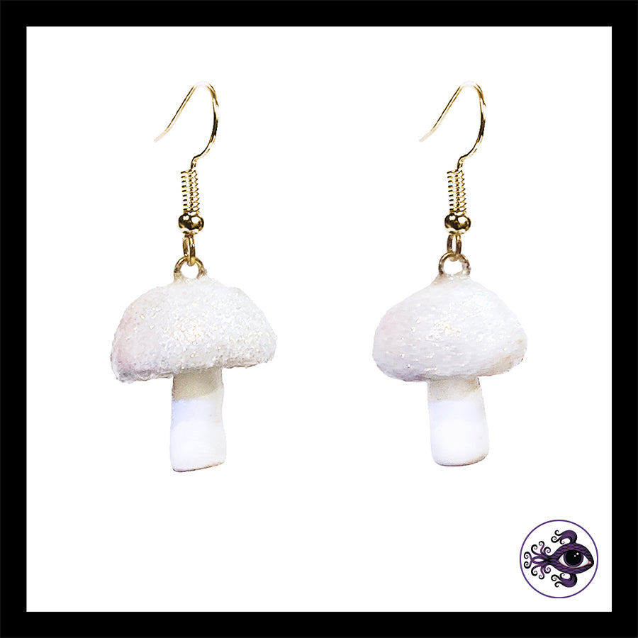 Mushrooms - Iridescent White Shimmer - Handmade Clay Dangle Earrings