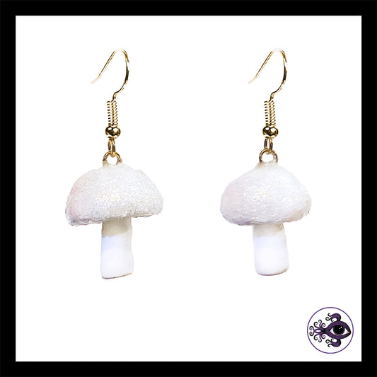 Mushrooms - Iridescent White Shimmer - Handmade Clay Dangle Earrings
