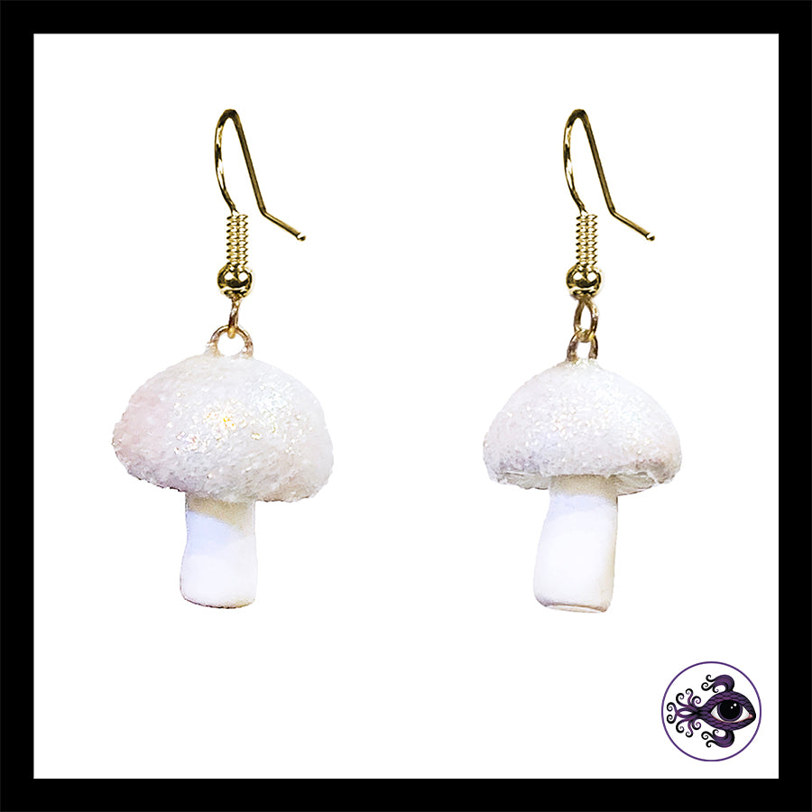 Mushrooms - Iridescent White Shimmer - Handmade Clay Dangle Earrings
