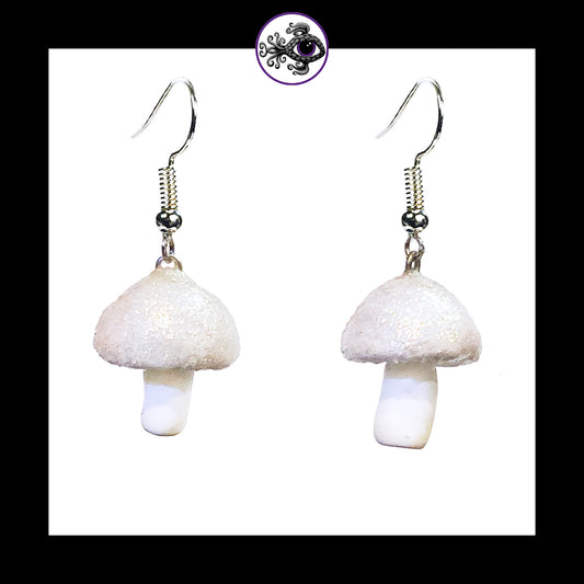 Mushrooms - Iridescent White Shimmer - Handmade Clay Dangle Earrings