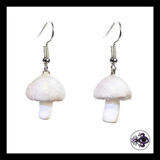 Mushrooms - Iridescent White Shimmer - Handmade Clay Dangle Earrings