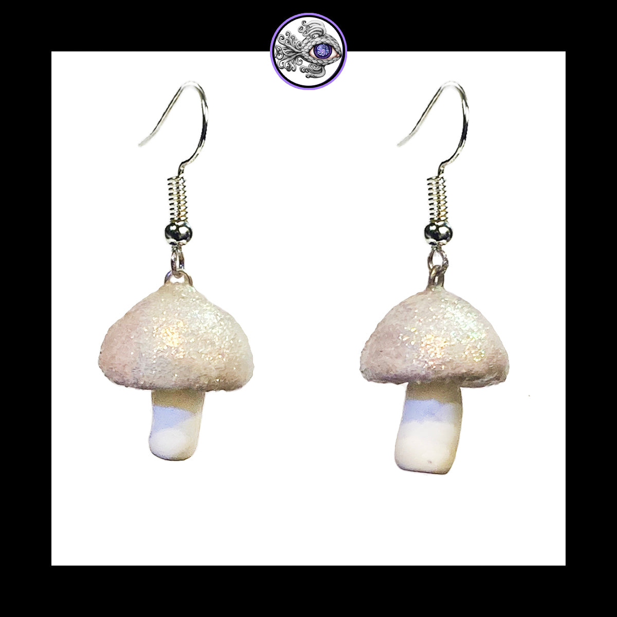 Mushrooms - Iridescent White Shimmer - Handmade Clay Dangle Earrings