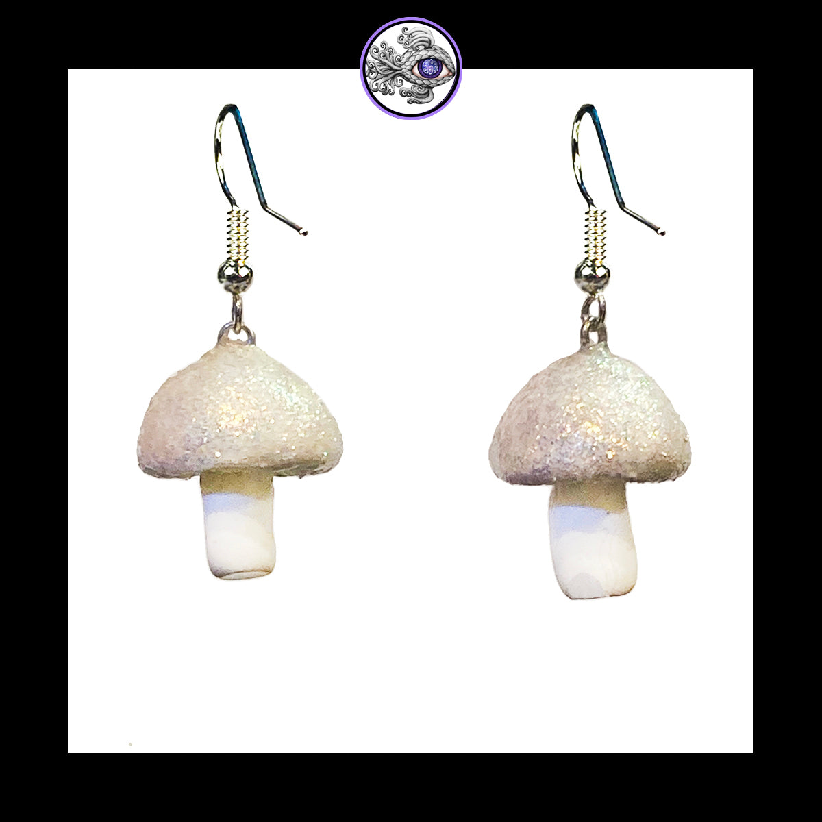 Mushrooms - Iridescent White Shimmer - Handmade Clay Dangle Earrings