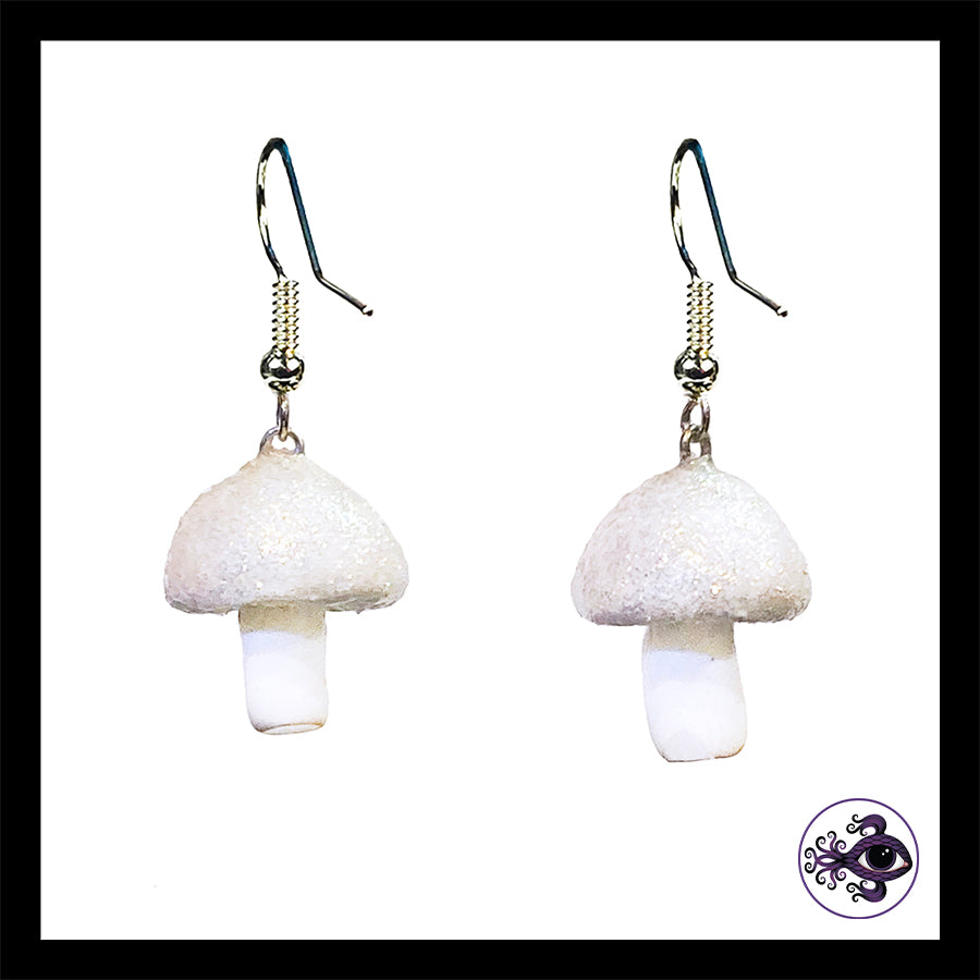 Mushrooms - Iridescent White Shimmer - Handmade Clay Dangle Earrings
