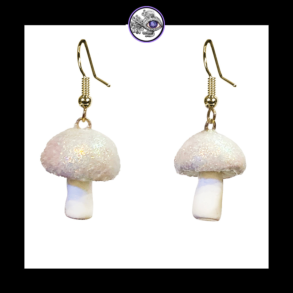 Mushrooms - Iridescent White Shimmer - Handmade Clay Dangle Earrings