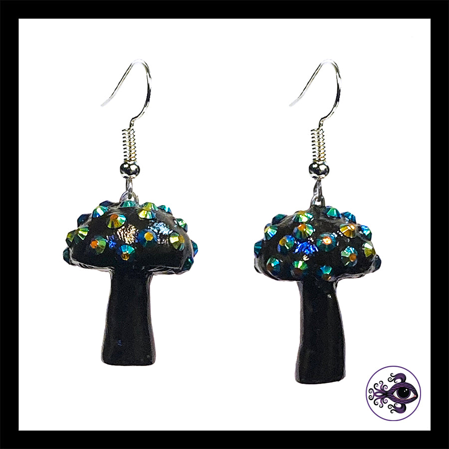 Mushrooms - Black Sparkle - Amanita Clay Dangle Earrings