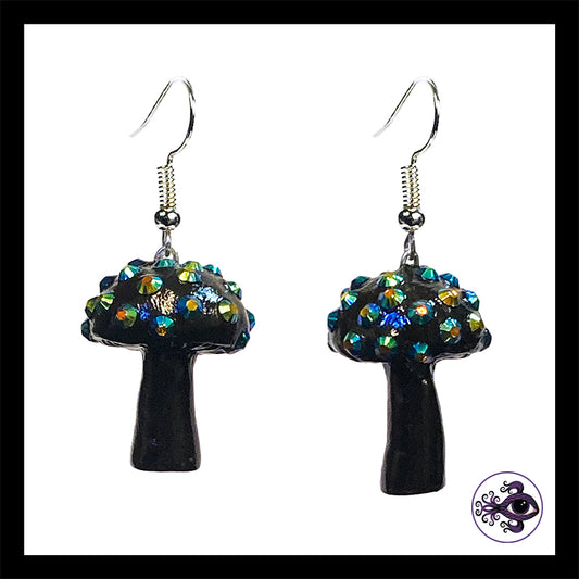 Mushrooms - Black Sparkle - Amanita Clay Dangle Earrings