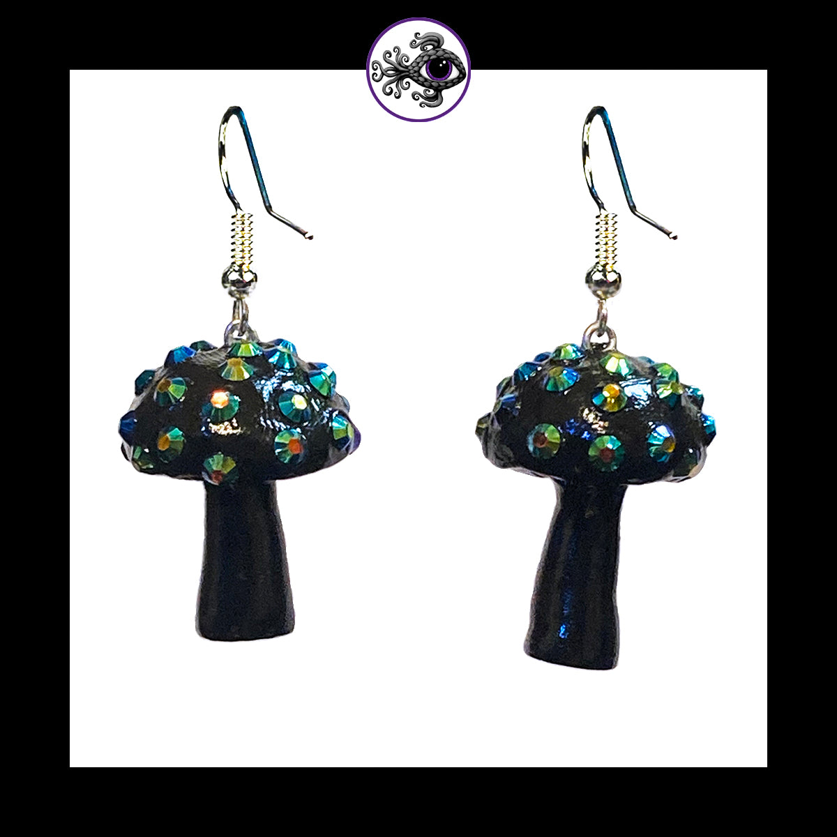Mushrooms - Black Sparkle - Amanita Clay Dangle Earrings