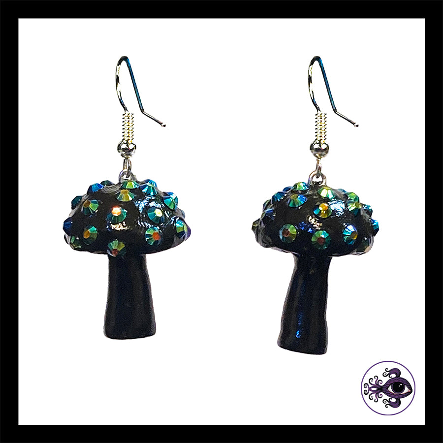 Mushrooms - Black Sparkle - Amanita Clay Dangle Earrings