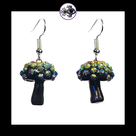 Mushrooms - Black Sparkle - Amanita Clay Dangle Earrings  *Custom Order Only*