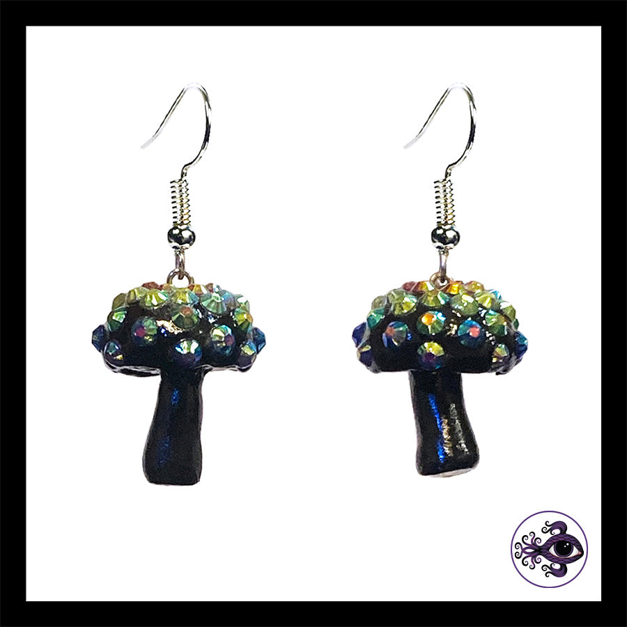 Mushrooms - Black Sparkle - Amanita Clay Dangle Earrings  *Custom Order Only*