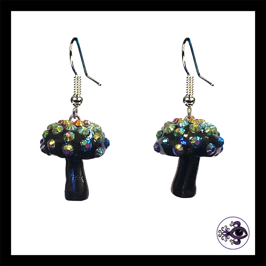 Mushrooms - Black Sparkle - Amanita Clay Dangle Earrings  *Custom Order Only*