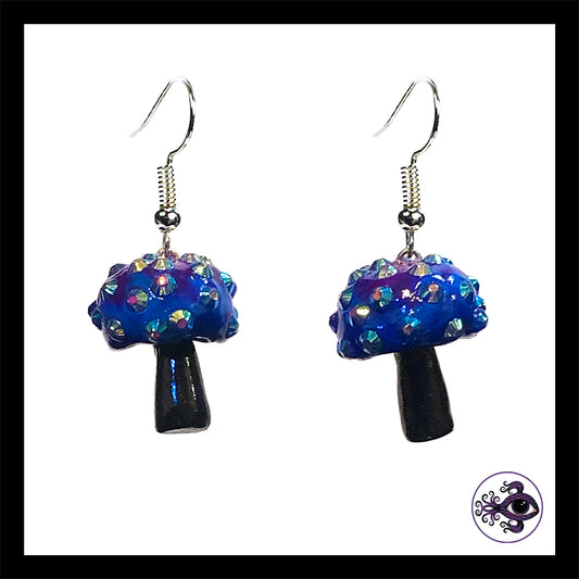 Mushrooms - Blue & Black Sparkle Amanita - Handmade Clay Dangle Earrings *Custom Order Only*
