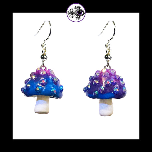 Mushrooms - Blue & White Sparkle Amanita - Handmade Clay Dangle Earrings *Custom Order Only*