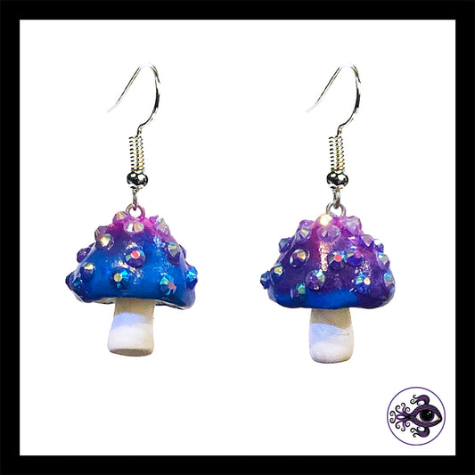 Mushrooms - Blue & White Sparkle Amanita - Handmade Clay Dangle Earrings *Custom Order Only*