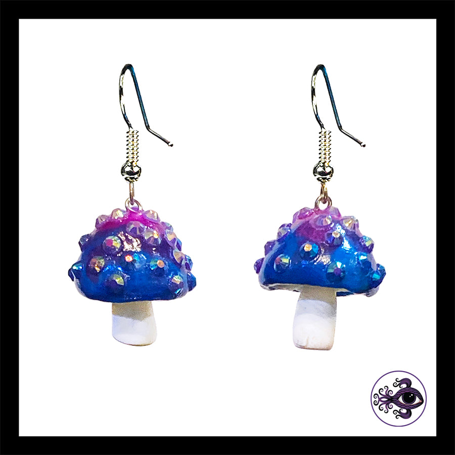 Mushrooms - Blue & White Sparkle Amanita - Handmade Clay Dangle Earrings *Custom Order Only*