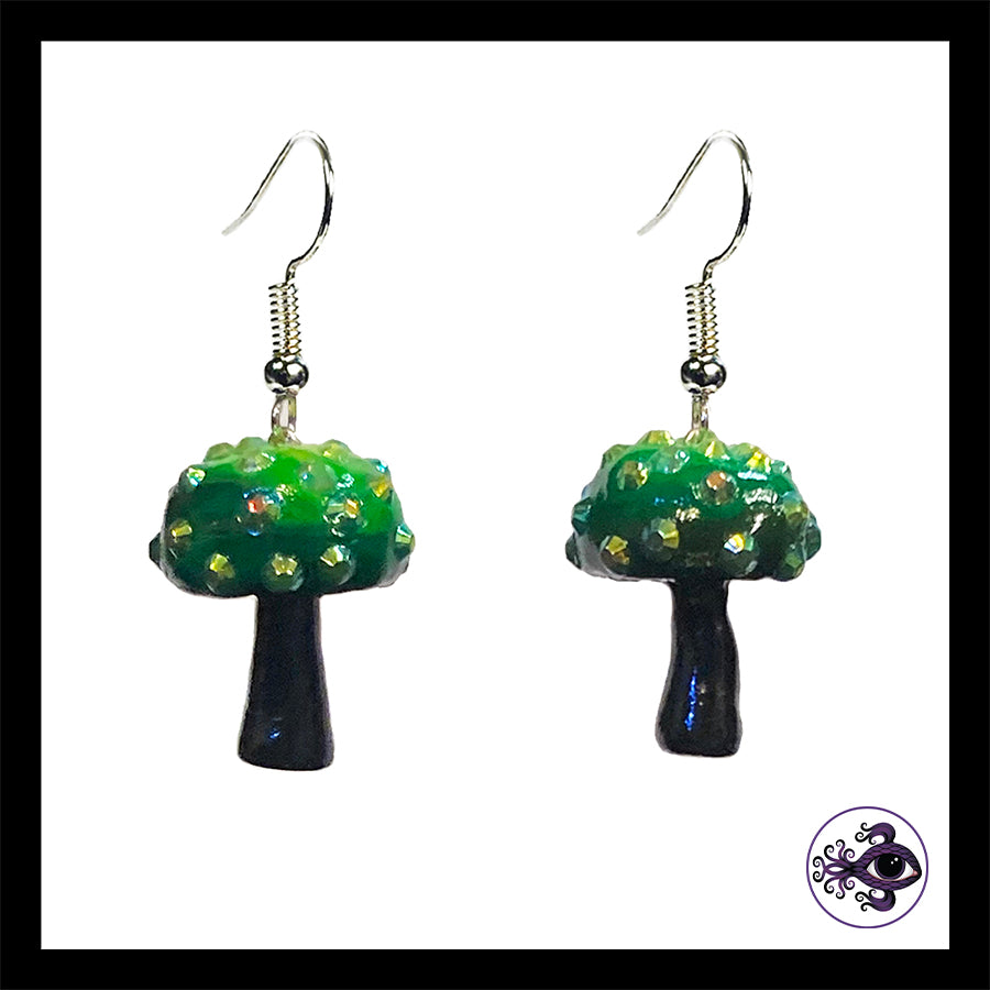 Mushrooms - Green & Black Sparkle - Amanita Clay Dangle Earrings *Custom Order Only*