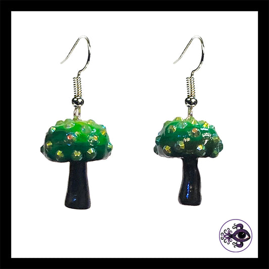 Mushrooms - Green & Black Sparkle - Amanita Clay Dangle Earrings *Custom Order Only*