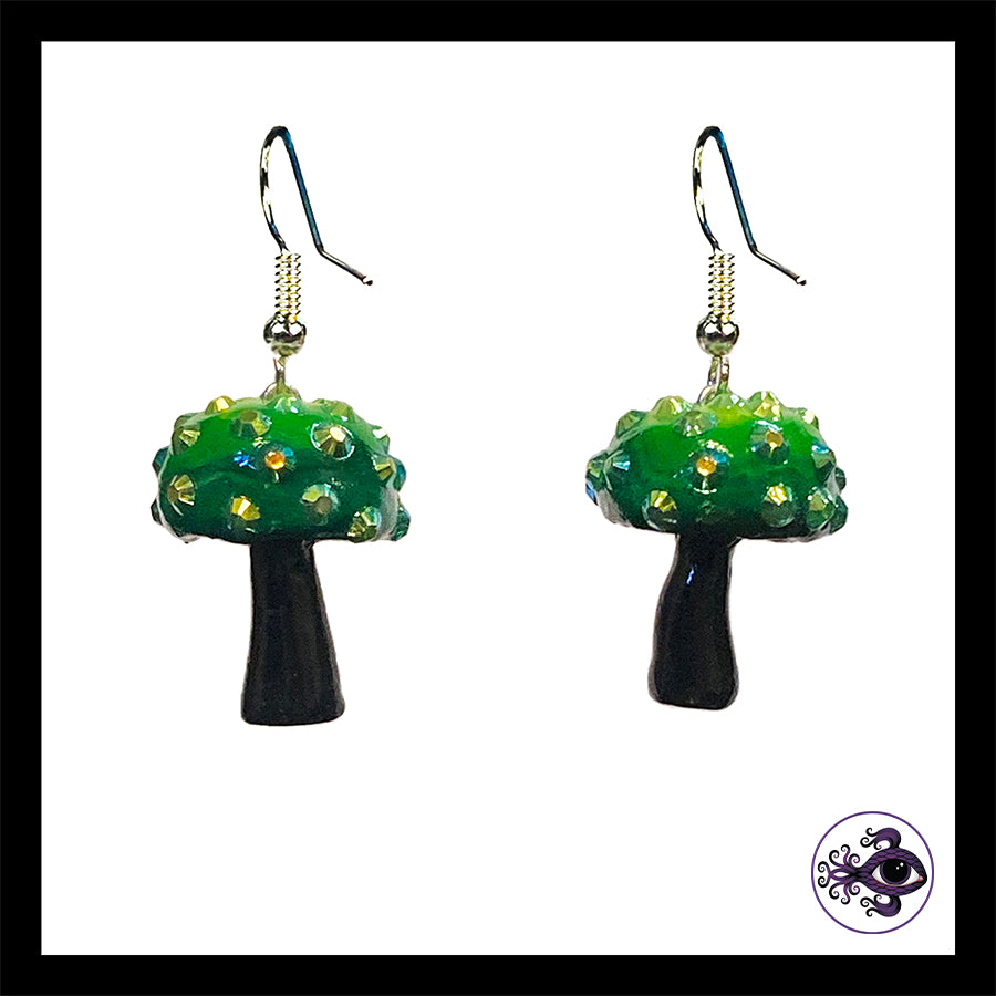 Mushrooms - Green & Black Sparkle - Amanita Clay Dangle Earrings *Custom Order Only*