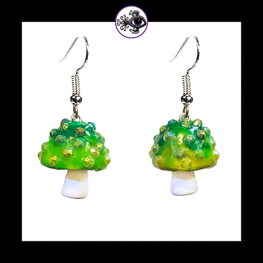 Mushrooms - Green & White Sparkle - Amanita Clay Dangle Earrings