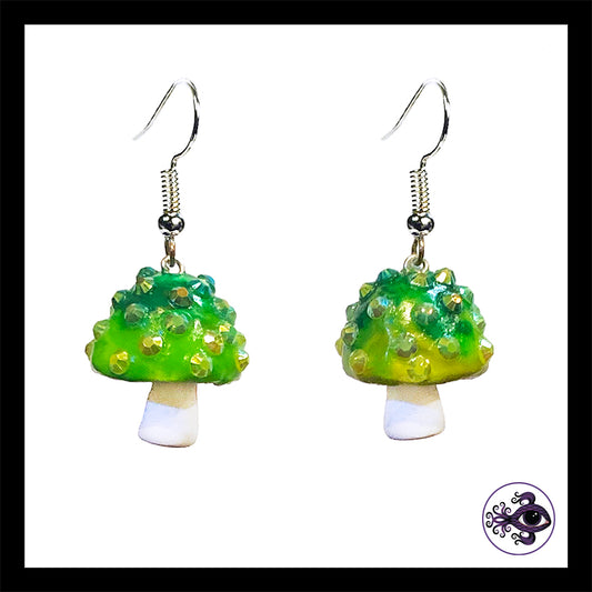 Mushrooms - Green & White Sparkle - Amanita Clay Dangle Earrings