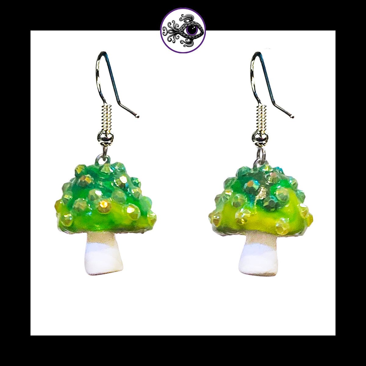 Mushrooms - Green & White Sparkle - Amanita Clay Dangle Earrings