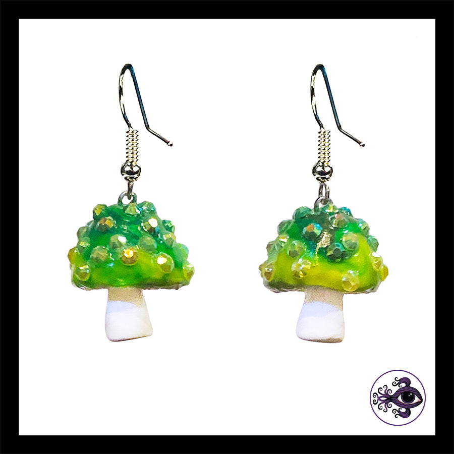 Mushrooms - Green & White Sparkle - Amanita Clay Dangle Earrings