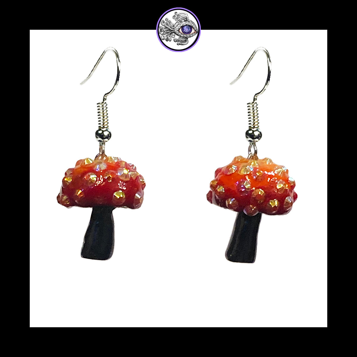 Mushrooms - Orange & Black Sparkle Amanita - Handmade Clay Dangle Earrings